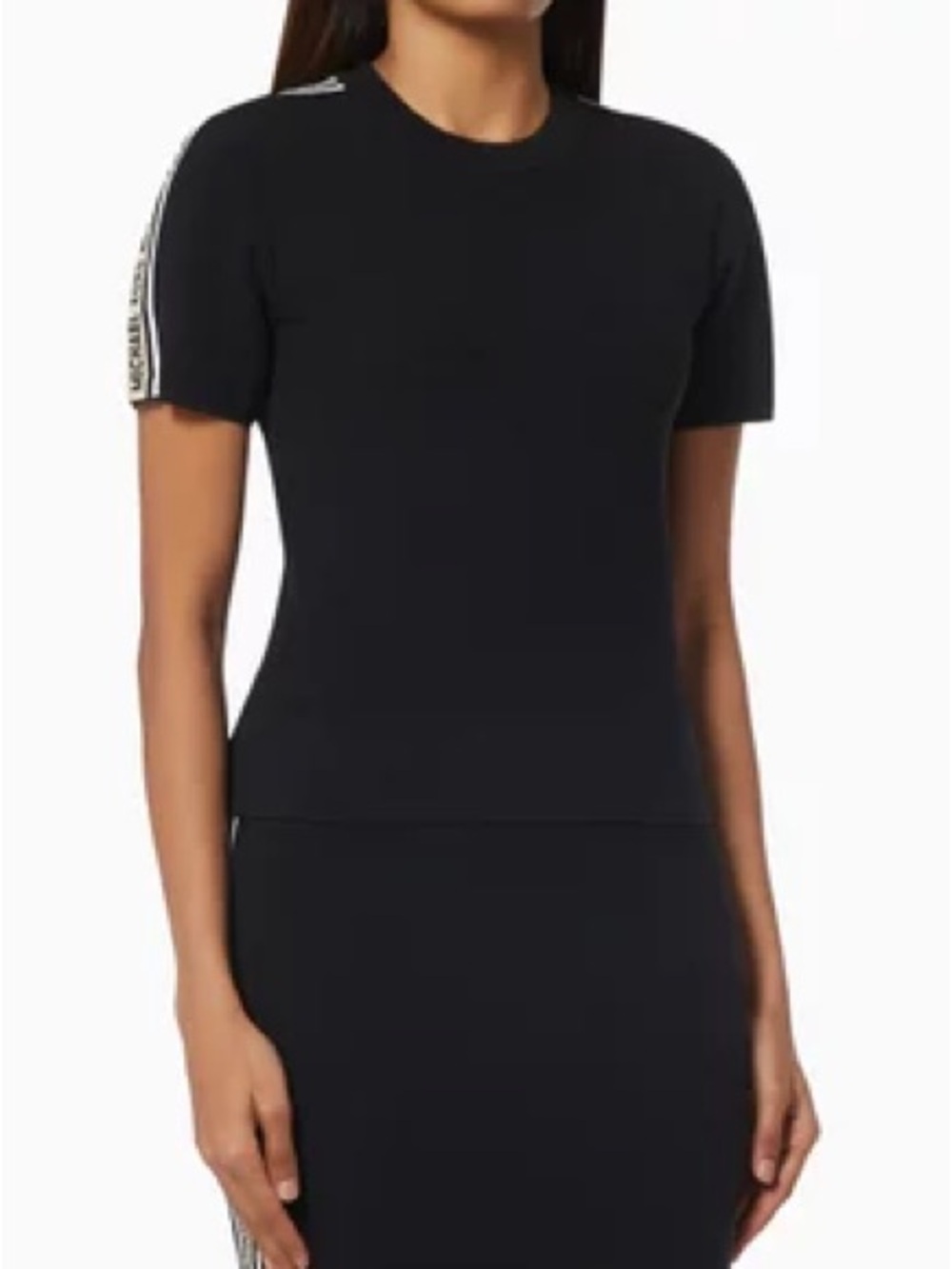 Michael Kors Black Short-Sleeve Crewneck Top with Logo Shoulder Tape